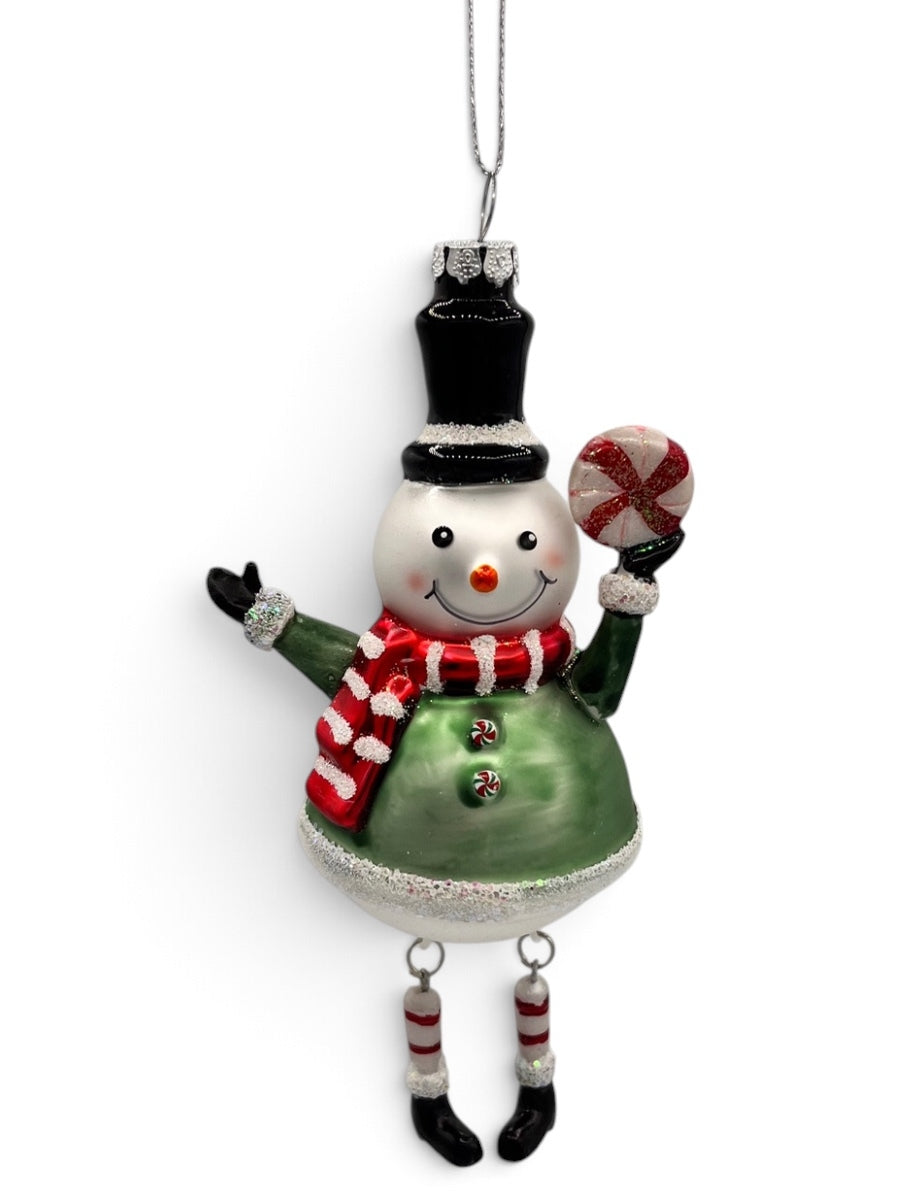 Snowman w/ Dangle Legs Glass Ornament 6''