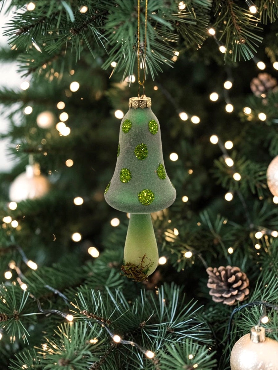 Mushroom w/ Glitter Dots Glass Ornament
