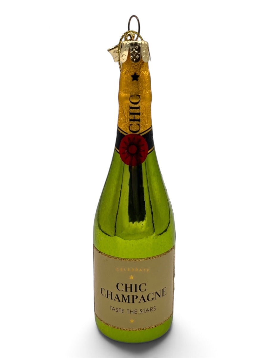 Green Luxury Champagne Bottle Glass Ornament 5.25''