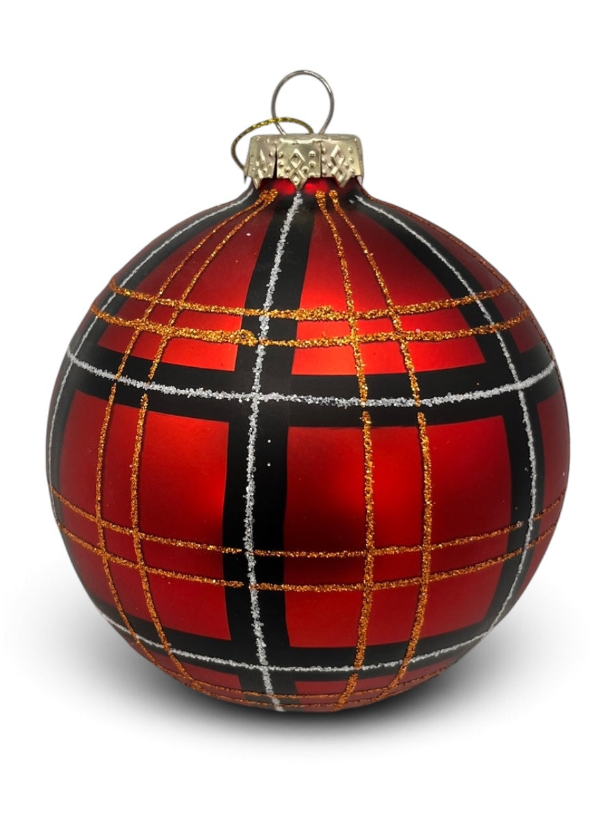 Red Plaid Ball Glass Ornament 100mm.