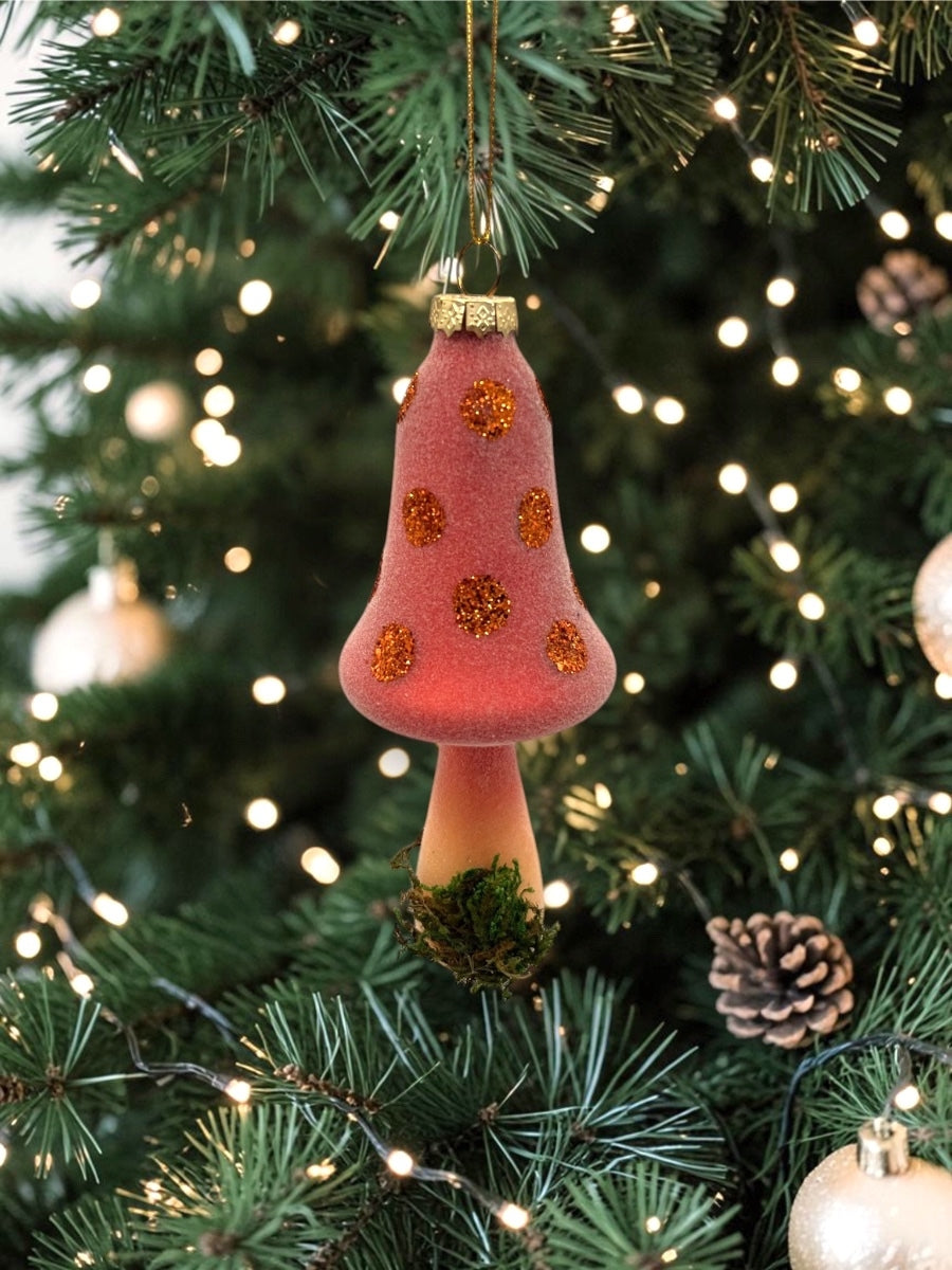 Mushroom w/ Glitter Dots Glass Ornament