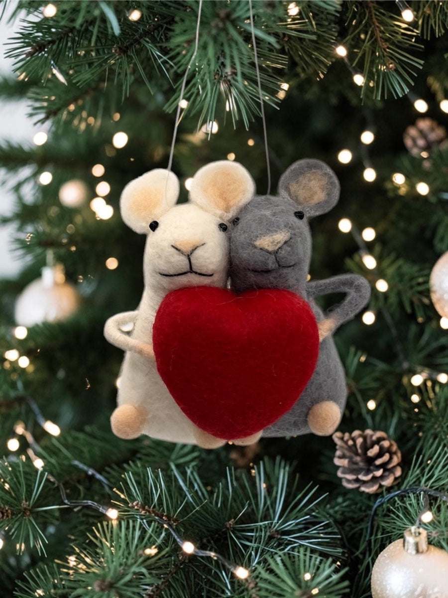 Wool Felt Mice w/ Heart Ornament