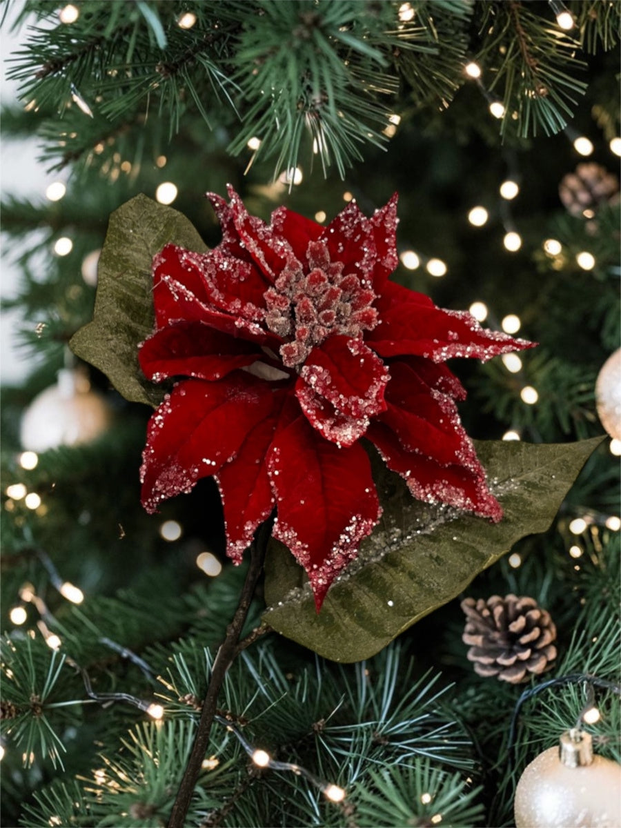 Red Iced Poinsettia Stem 24''