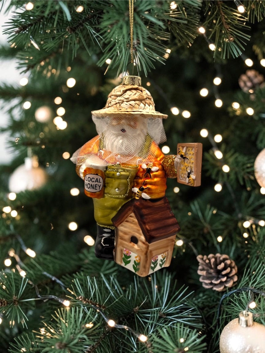 Santa Beekeeper Glass Ornament 5.5''