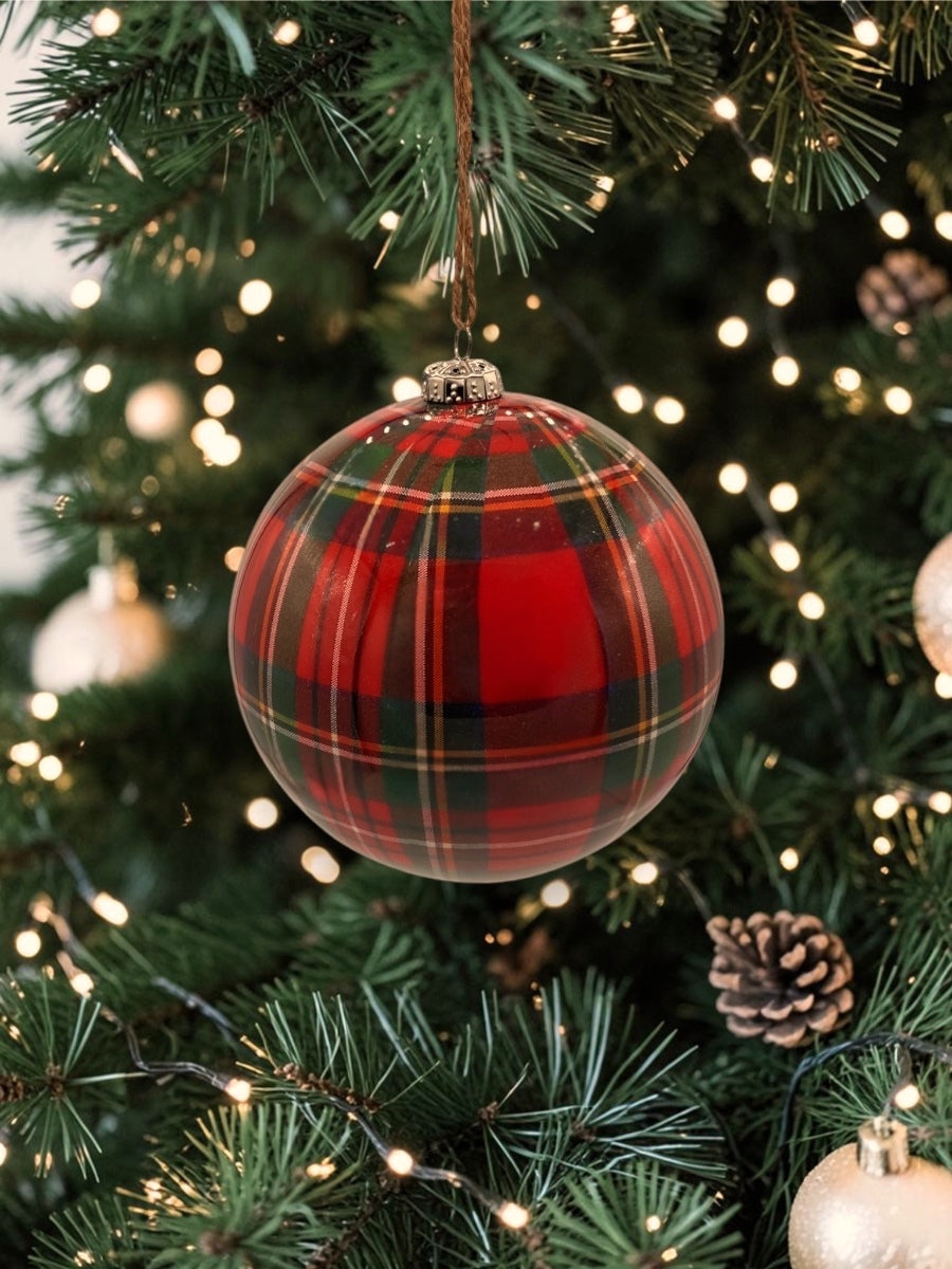 Red/Green Plaid Decoumpage Ball Ornament 120mm.