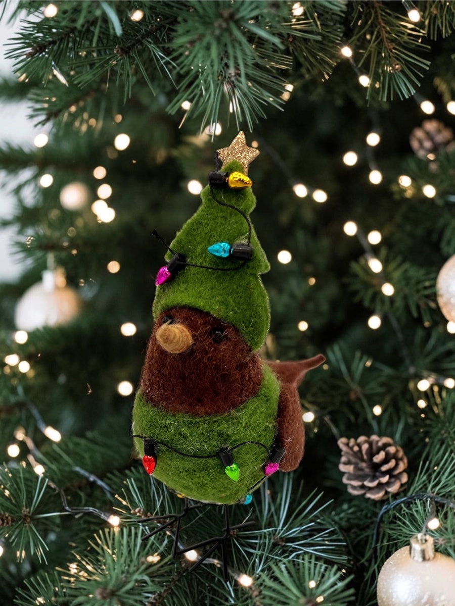 Bird in Christmas Tree Outfit Wool Ornament