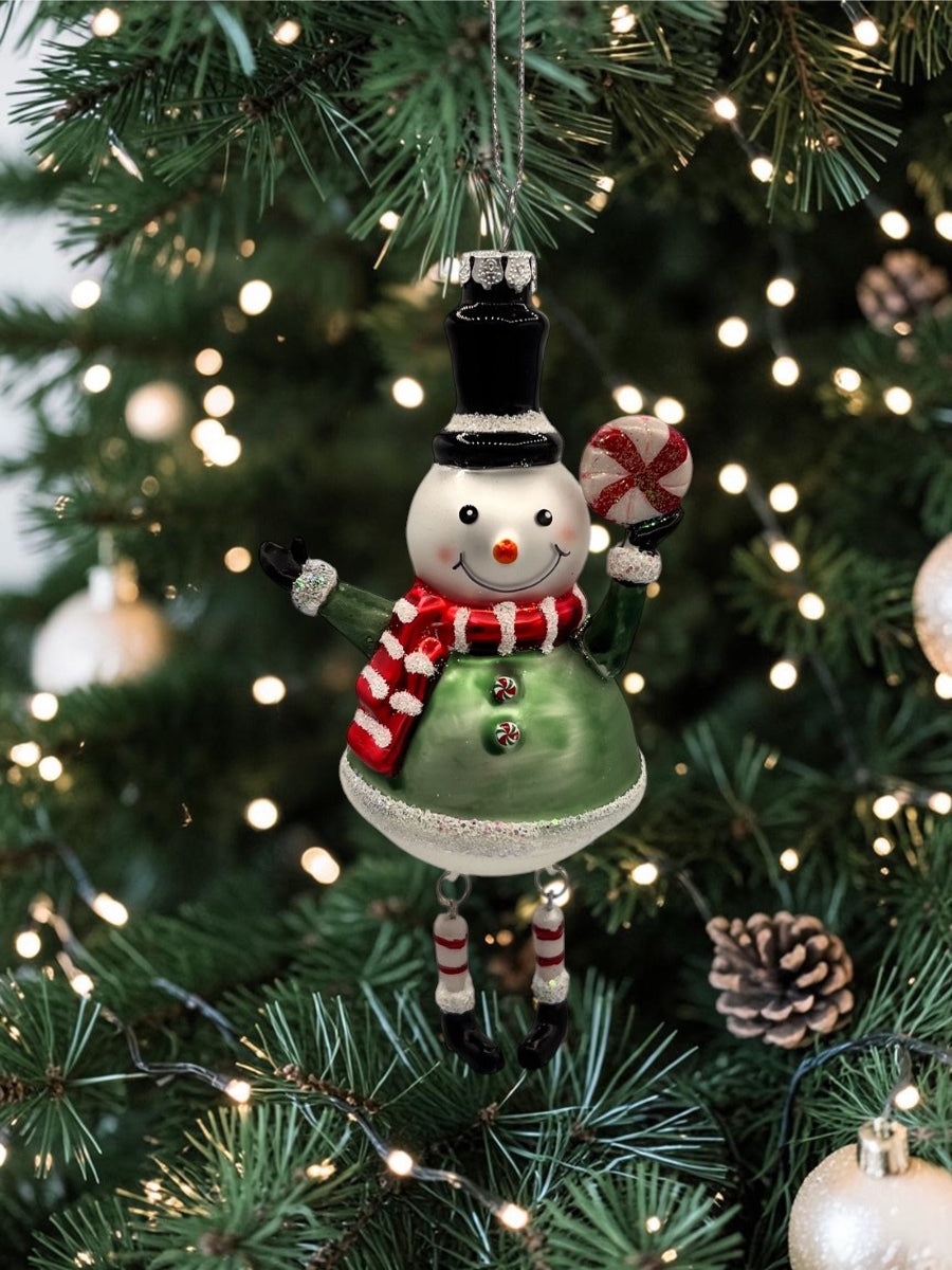 Snowman w/ Dangle Legs Glass Ornament 6''
