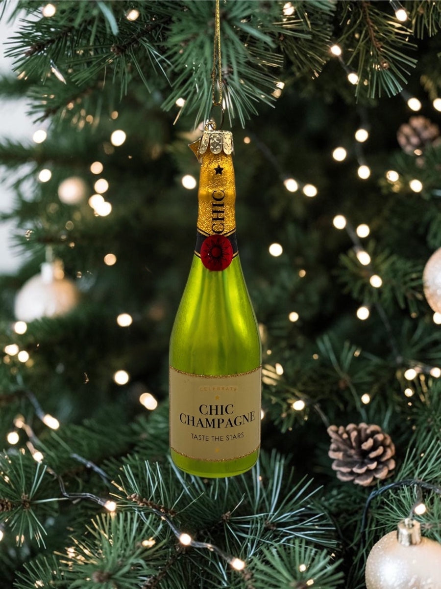 Green Luxury Champagne Bottle Glass Ornament 5.25''