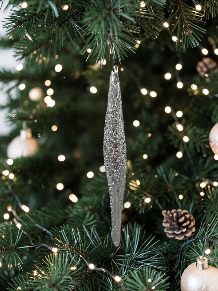 Silver Glittered Icicle Glass Ornament 5''