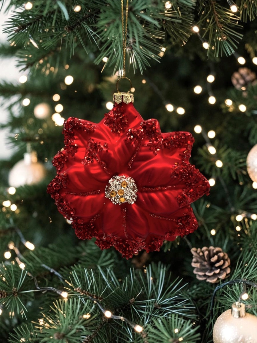 Red Poinsettia Glass Ornament