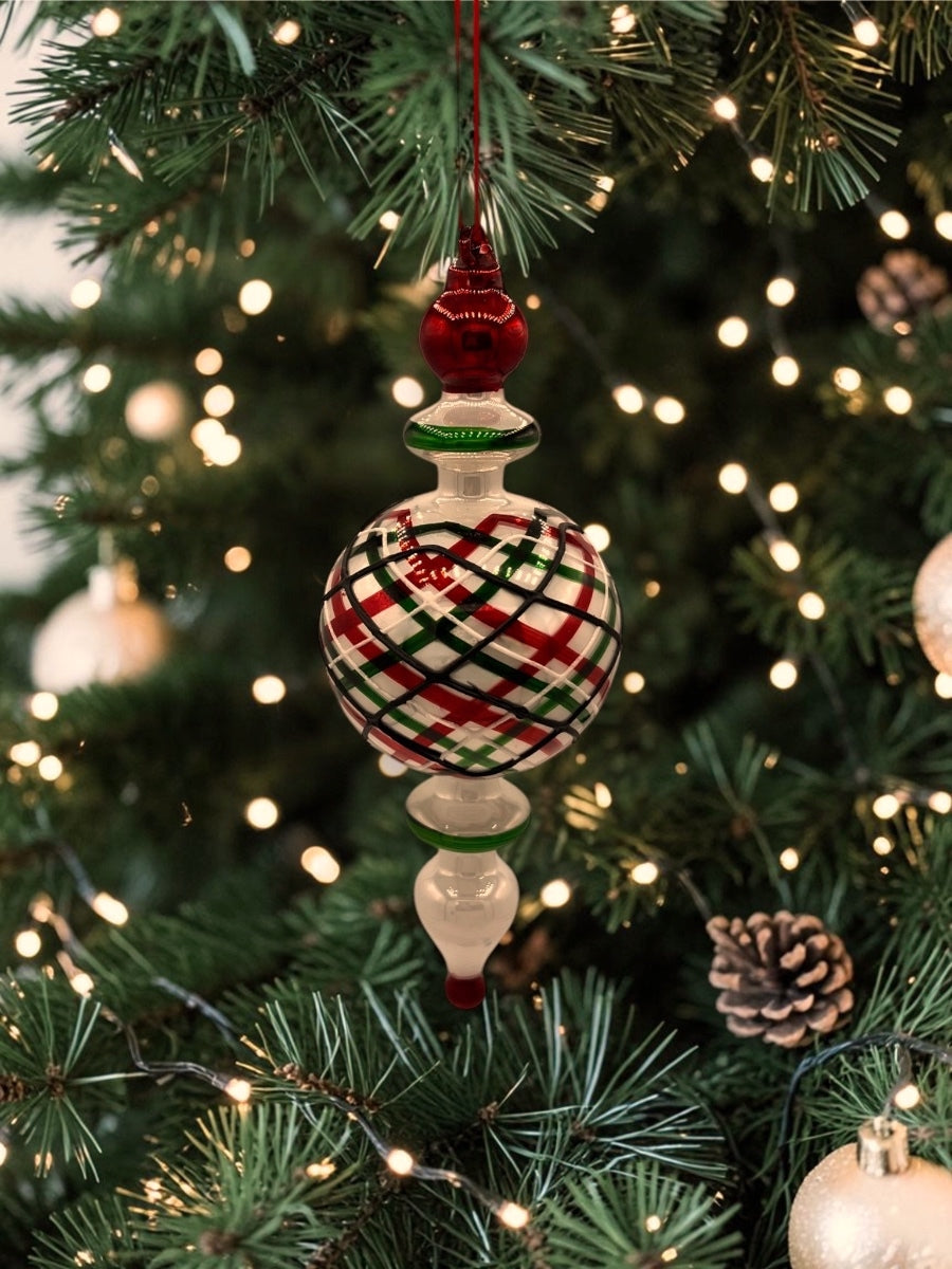 Plaid Finial Red/Green/White Ornament 8''