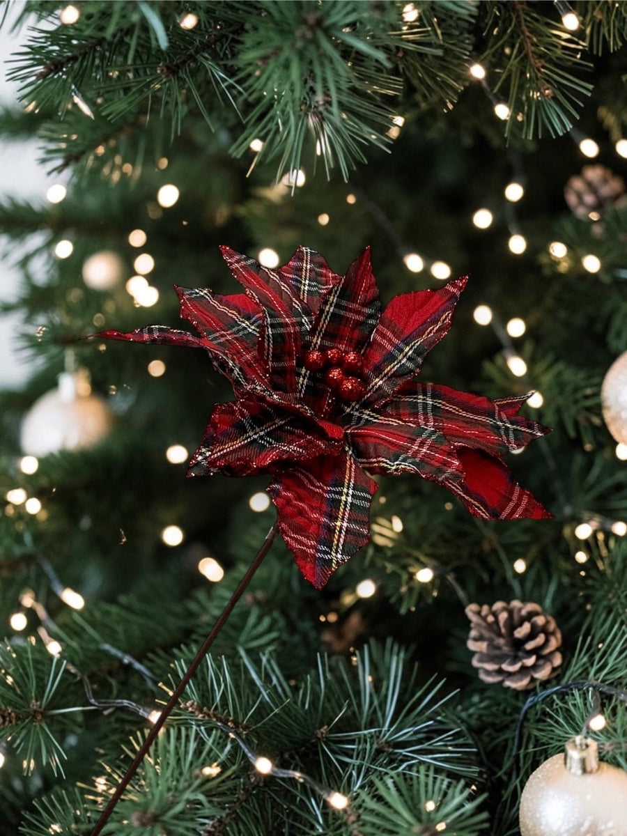 Red Multi Plaid Poinsettia Stem 20''