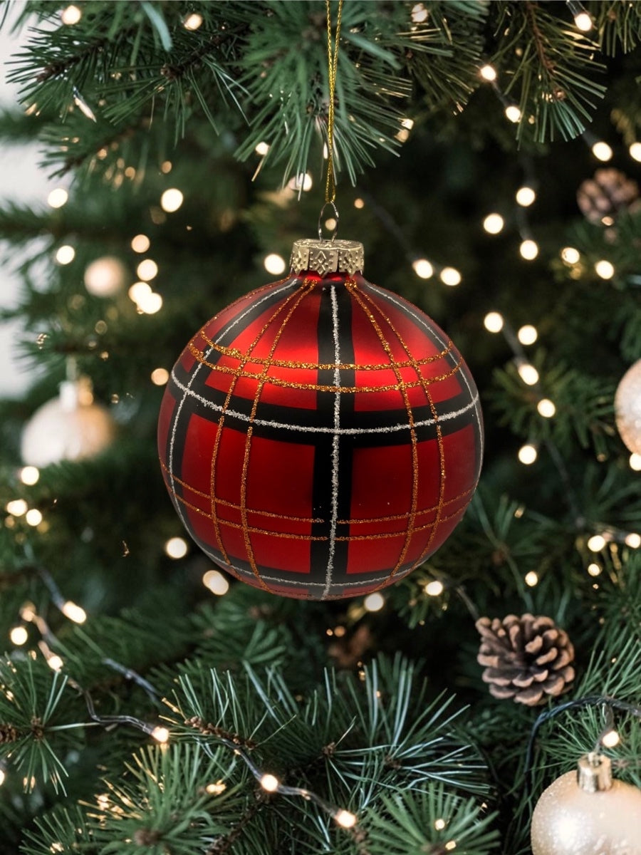 Red Plaid Ball Glass Ornament 100mm.