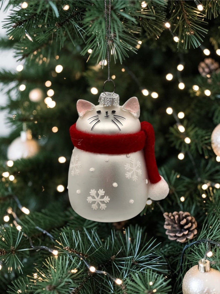 White/Red Cat w/ Scarf Glass & Polyester 3.5''