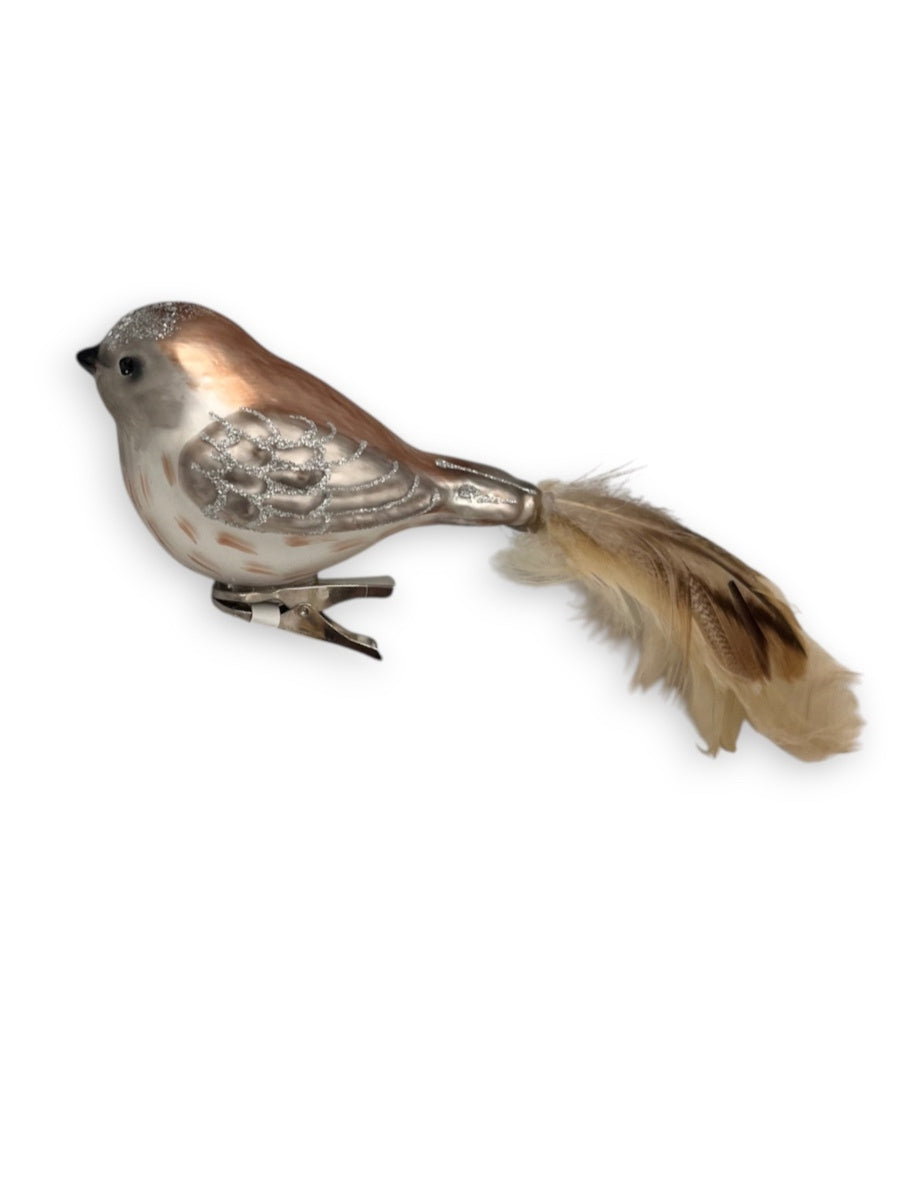 Silver/Green Bird with Feather Tail Glass Ornament