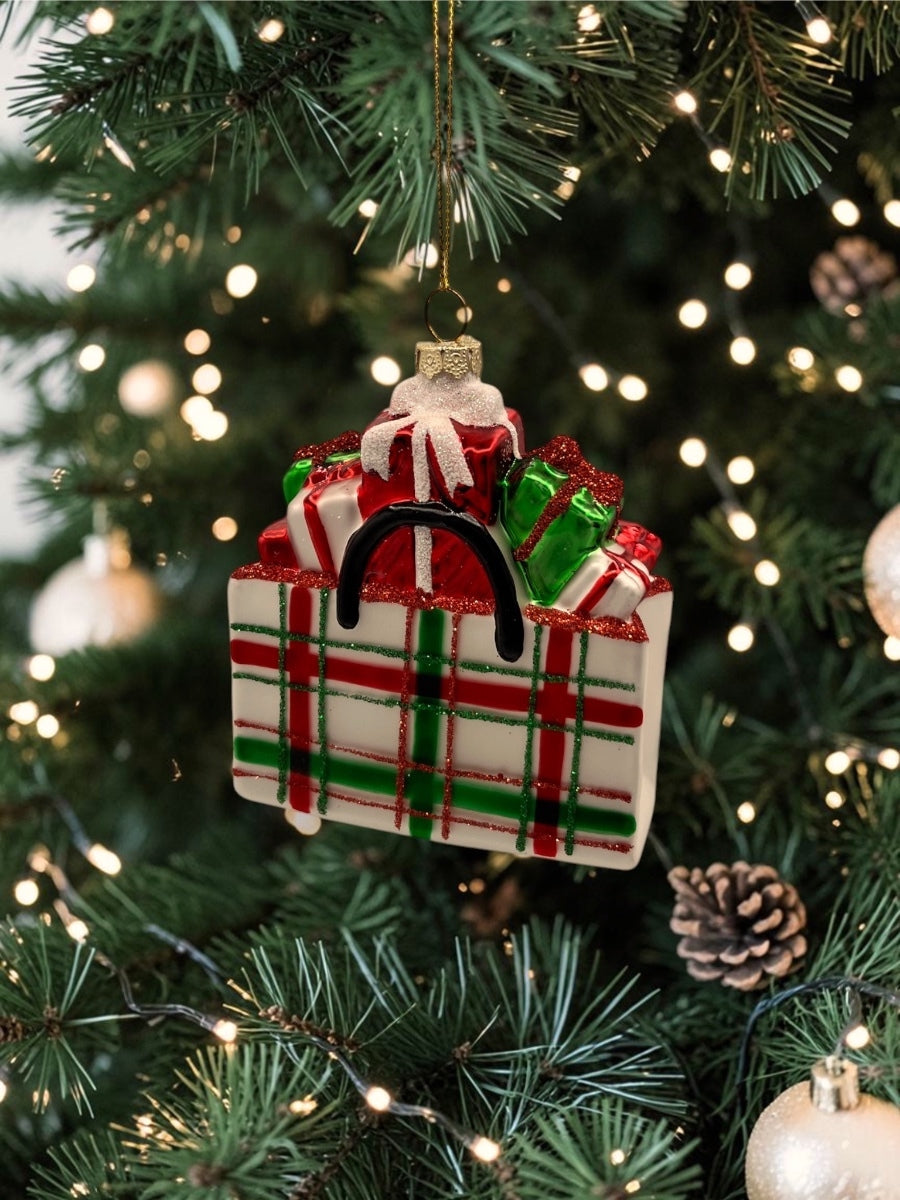 Plaid Shopping Bag Ornament 4.25''