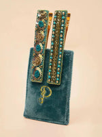 Narrow Jeweled Hair Clips - Teal Ovals & Beads