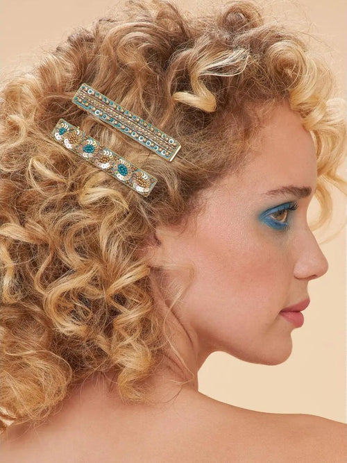 Narrow Jeweled Hair Clips - Teal Ovals & Beads