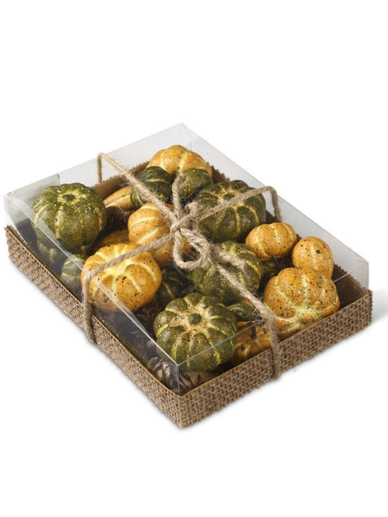 Assorted Green & Yellow Pumpkins with Mini Pinecones