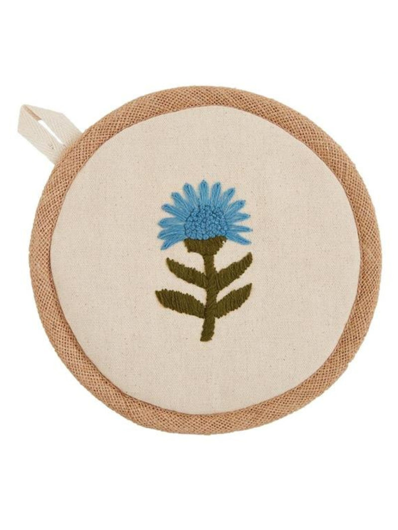 Embroidered Blue Flower Pot Holder