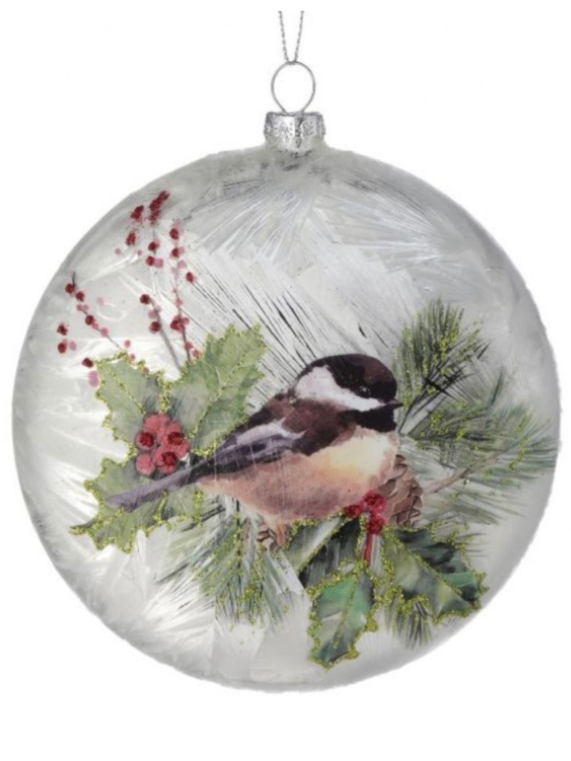 Chickadee on Pine & Berries Glass Disc Ornament