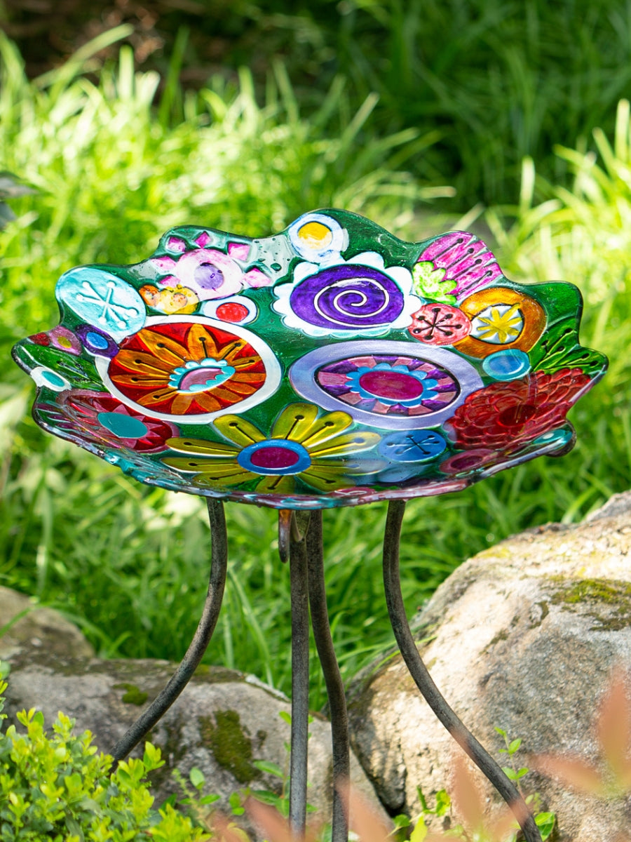 Abstract Floral Glass Bird Bath