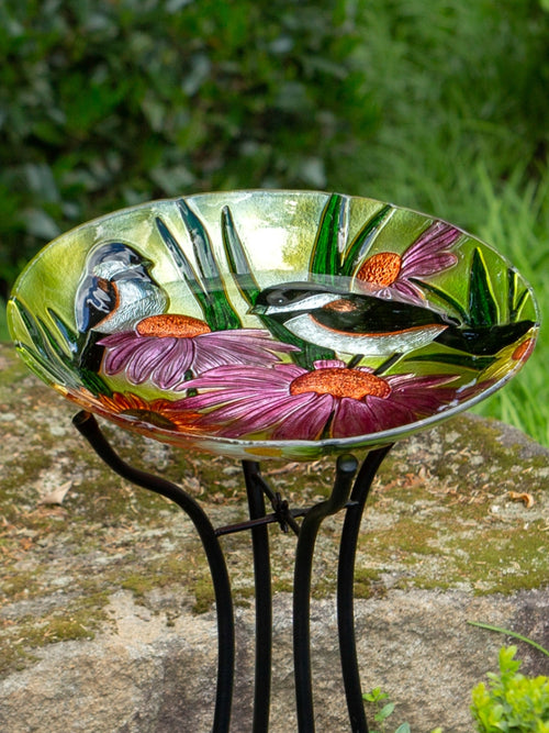 Chickadee Glass Bird Bath