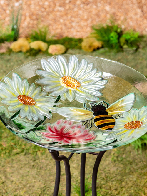 Painted Daisies & Bee Glass Bird Bath