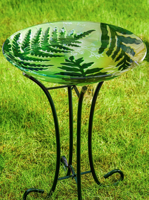 Green Ferns Glass Bird Bath 18" Basin
