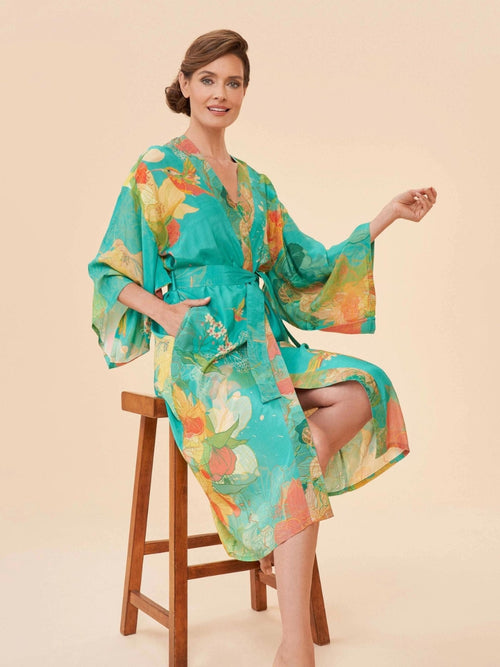 Aqua Hummingbird Kimono Gown
