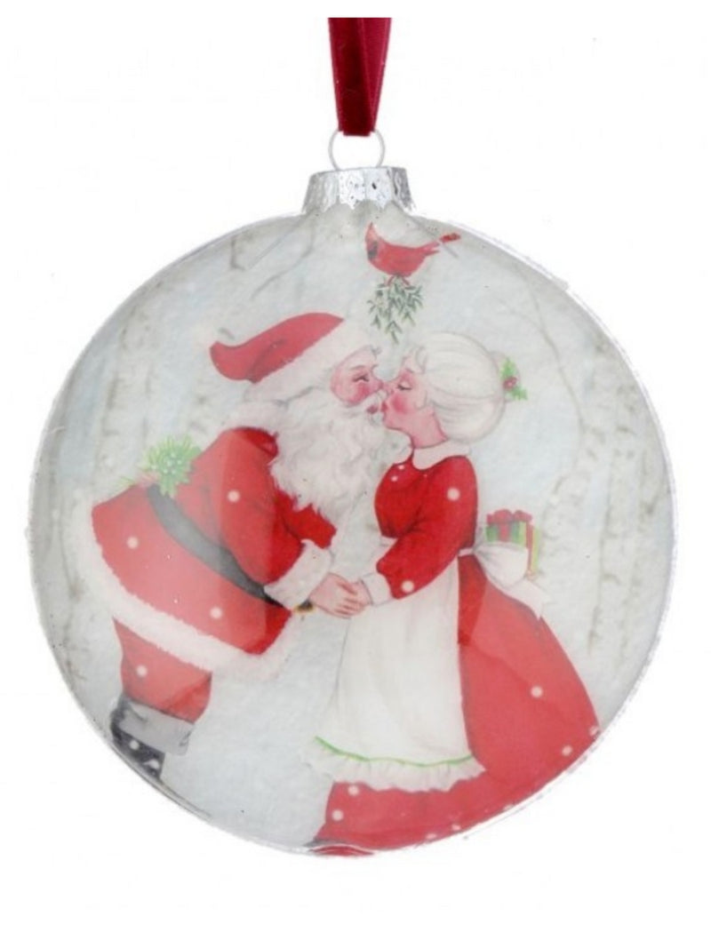 Kissing Mr & Mrs Claus Glass Disc Ornament