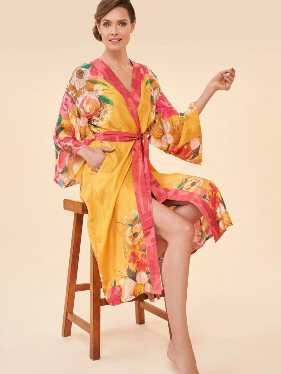 Mustard Impressionist Floral Kimono Gown