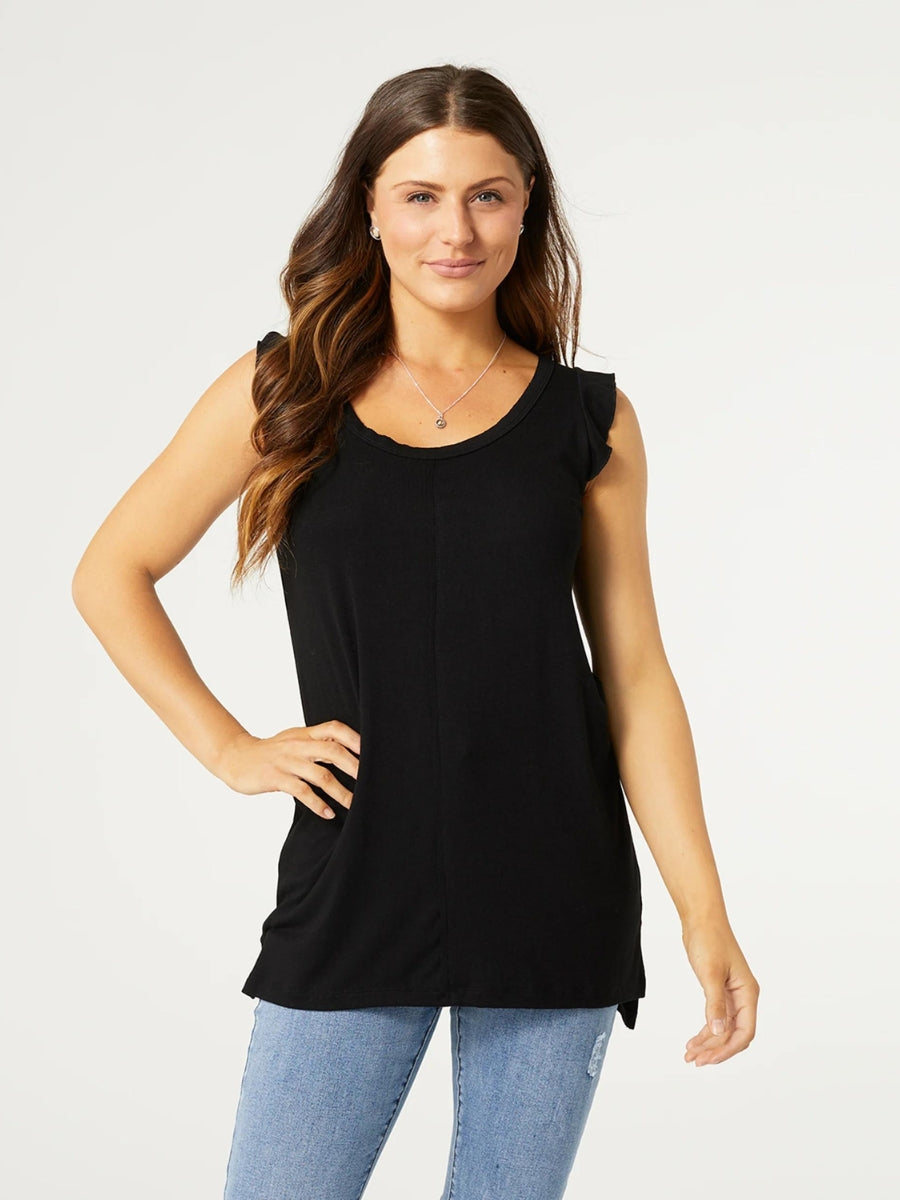 Maeve Black Long Tank with Cap Sleeve Ruffle