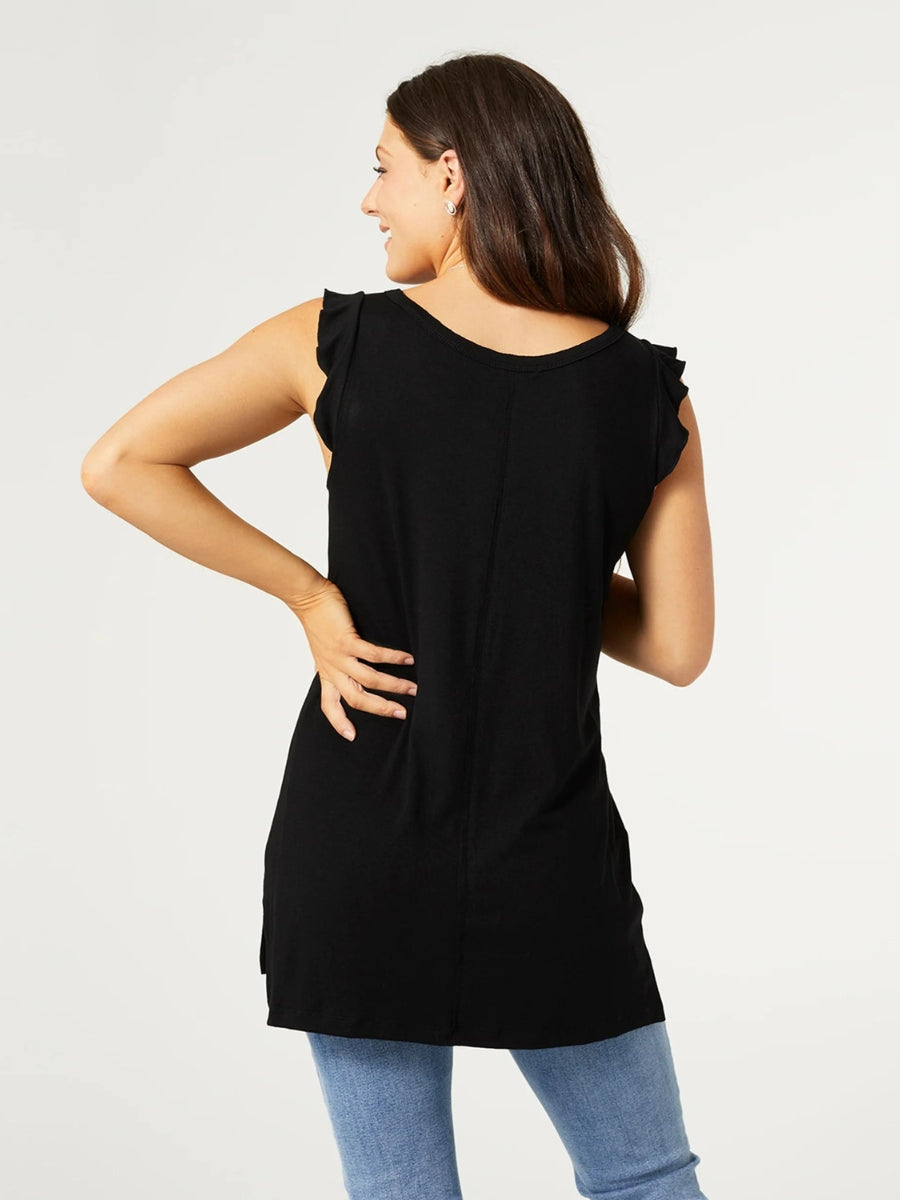 Maeve Black Long Tank with Cap Sleeve Ruffle