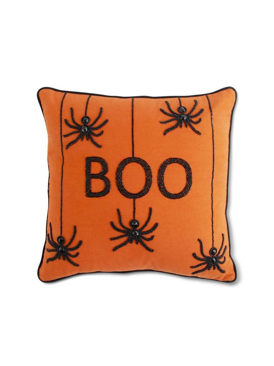 Orange Beaded Boo Pillow with Spiders