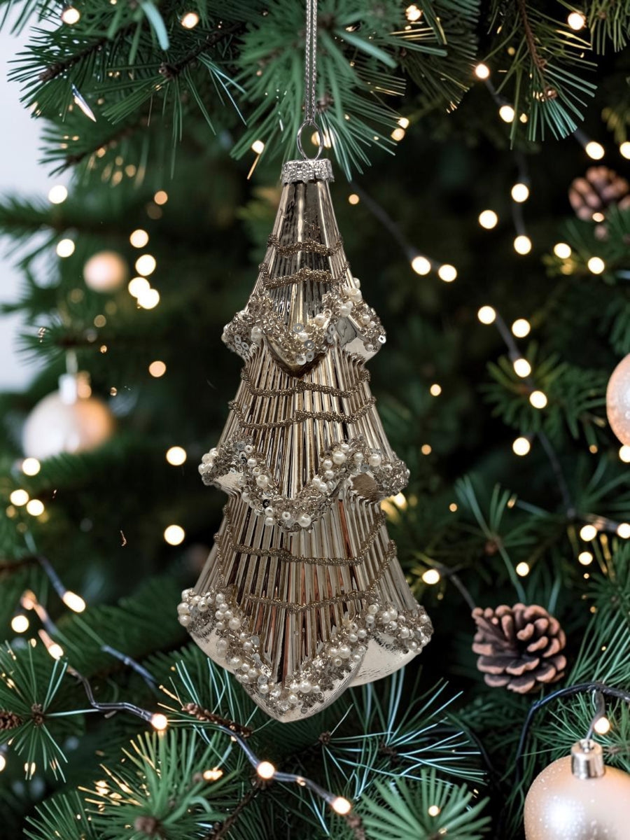 Glitter Platinum Glass Tree Ornament
