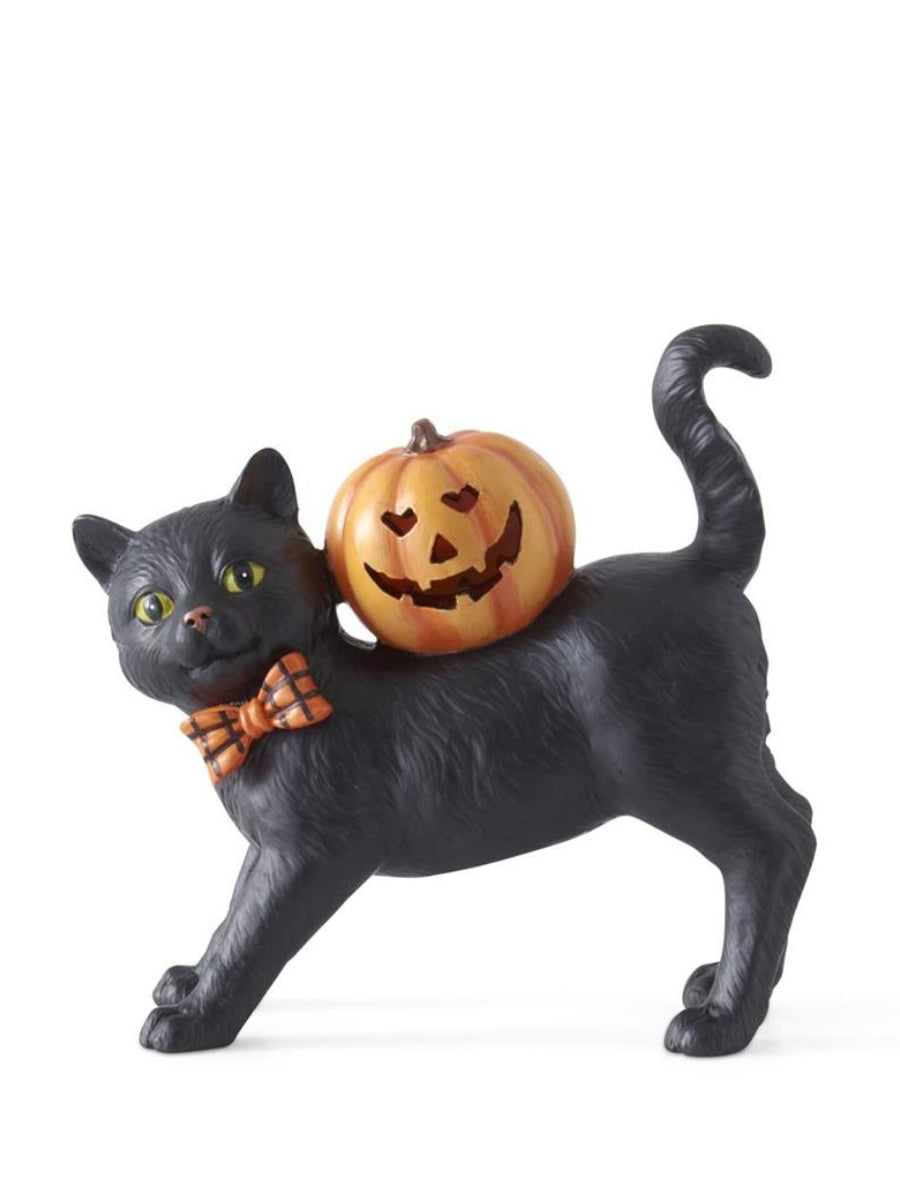 Black Resin Cat with Bow Tie and LED Jack O Lantern