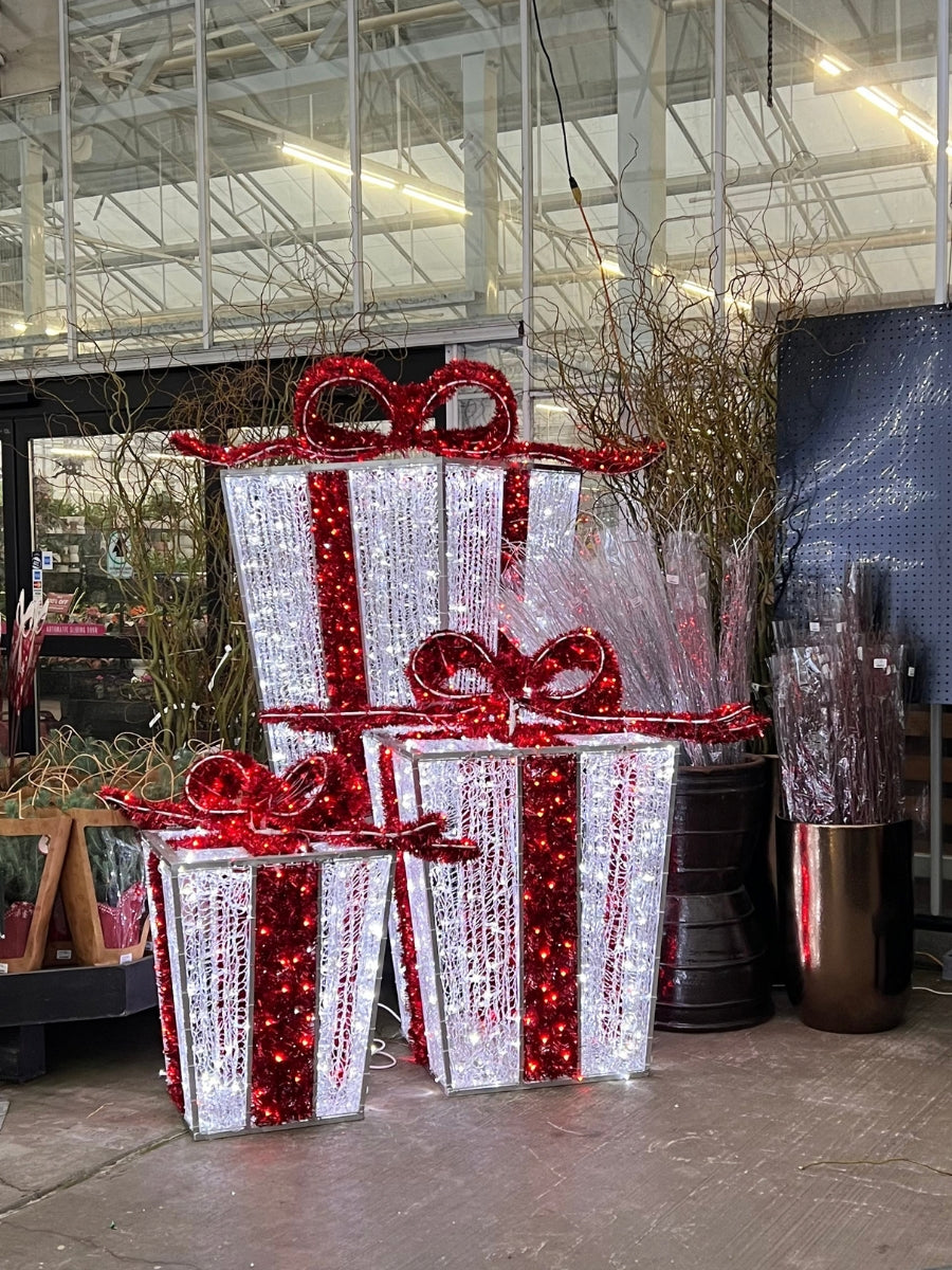 LED White Gift Boxes w/ Red Bow - Set of 3