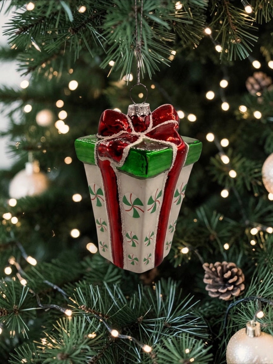 Peppermint Gift Box Glass Ornament 4'' Asst. of 2