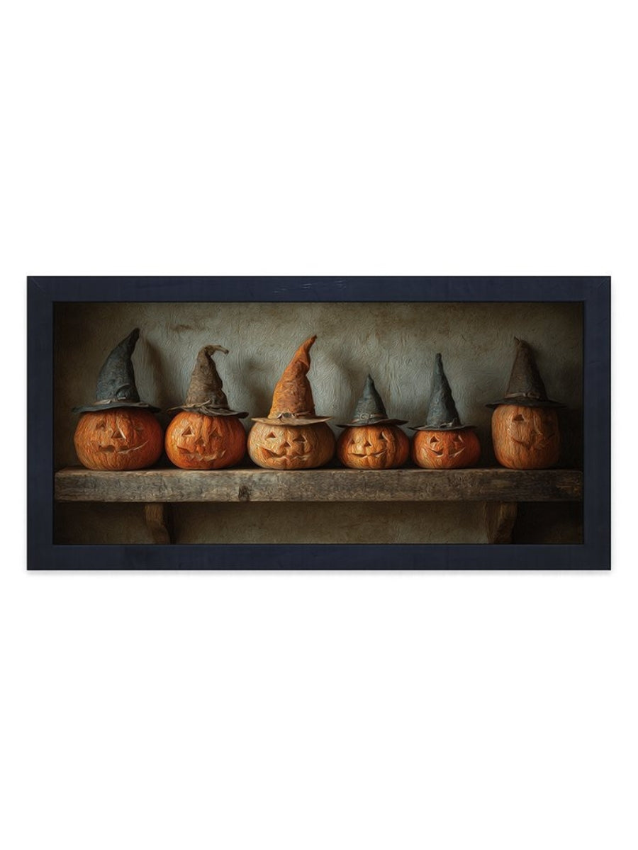 Shelf Full of Jack o' Lanterns in Witch Hats Frame
